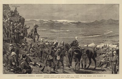 Afganistán, victoria del General Roberts sobre Ayoub Khan, 1 de septiembre, huida del enemigo y persecución por la caballería británica vista desde Baba Wali de Joseph Nash